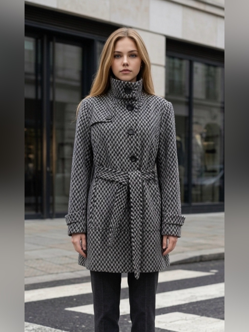 Kenneth Cole Gray Houndstooth Belted Trench Coat